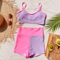 Two Piece Contrast Brief High Waist Strap Swimwear Areous