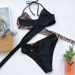 Two Piece Contrast Leopard O-Ring Halter Swimwear Areous