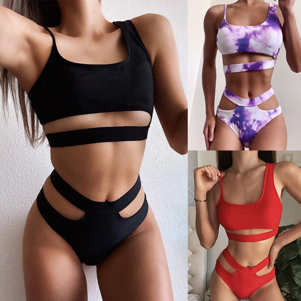Two Piece Cut Out Solid Swimwear Areous