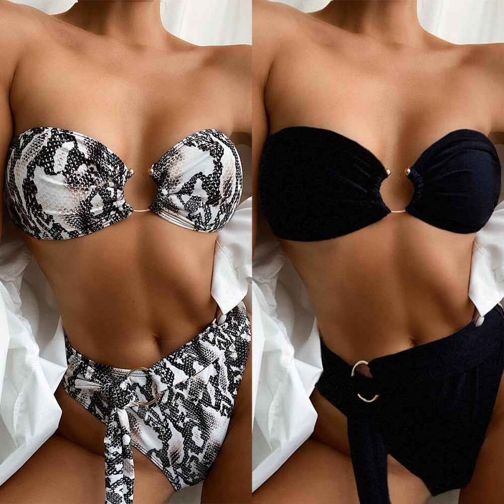 Two Piece O-Ring High Waist Leopard Bandeau Swimwear Areous