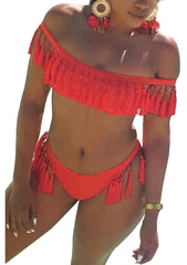Two Piece Off Shoulder Tassel Swimwear Areous
