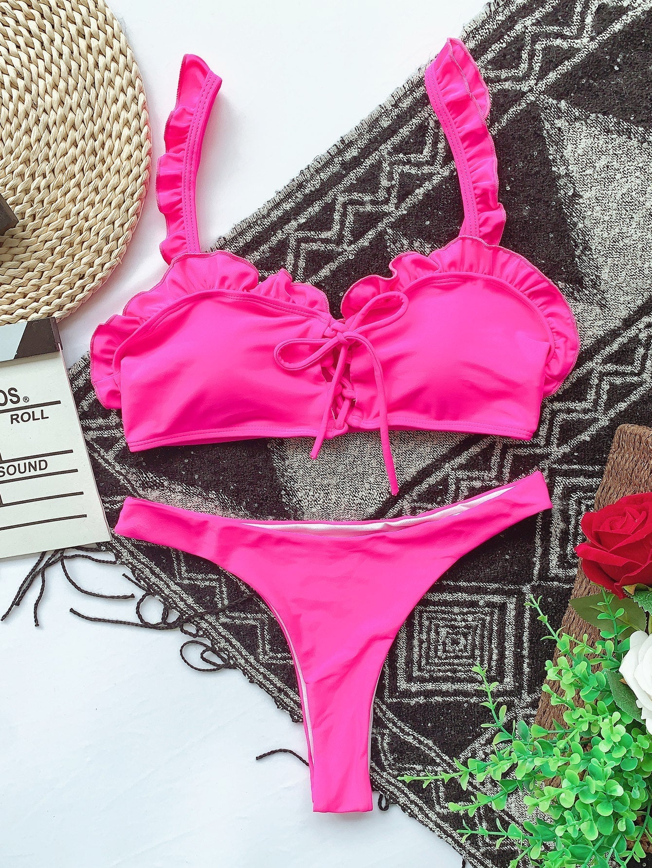 Two Piece Pink Lace Up Ruffles Swimwear Areous