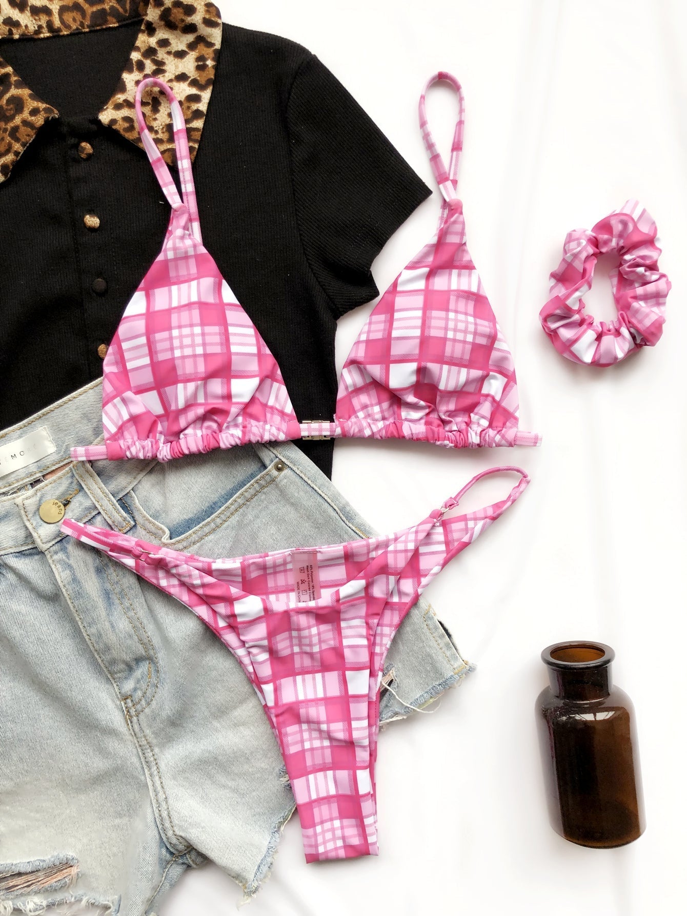 Two Piece Plaid Print Strap Swimwear Areous