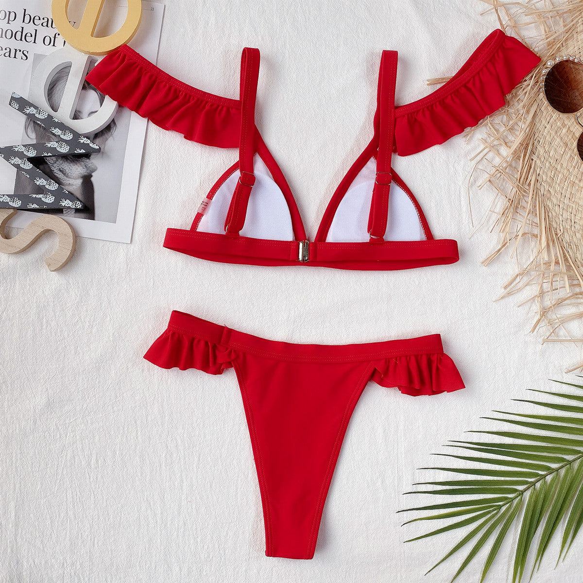 Two Piece Red Ruffles Thong Swimwear Areous