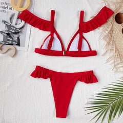 Two Piece Red Ruffles Thong Swimwear Areous