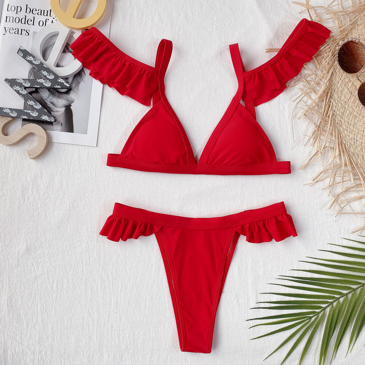 Two Piece Red Ruffles Thong Swimwear Areous