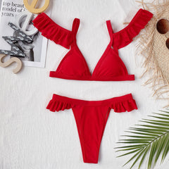 Two Piece Red Ruffles Thong Swimwear Areous