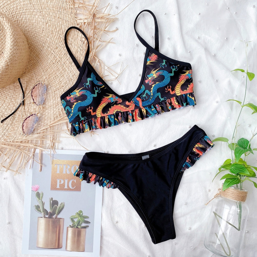 Two Piece Retro Print Ruffles Strap Swimwear Areous