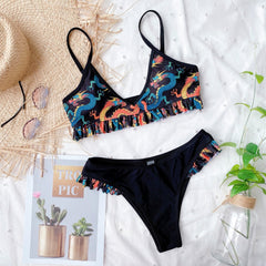 Two Piece Retro Print Ruffles Strap Swimwear Areous