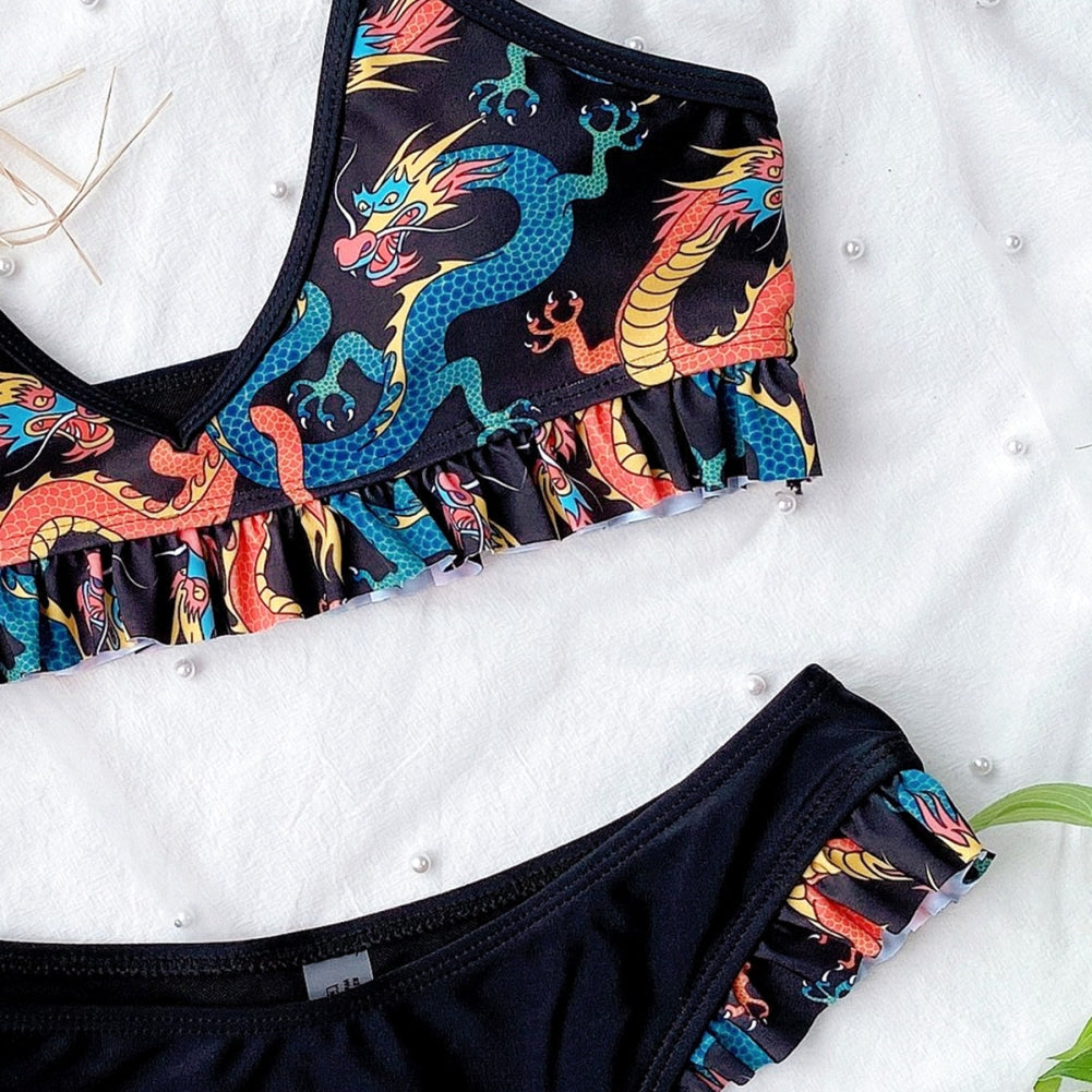 Two Piece Retro Print Ruffles Strap Swimwear Areous