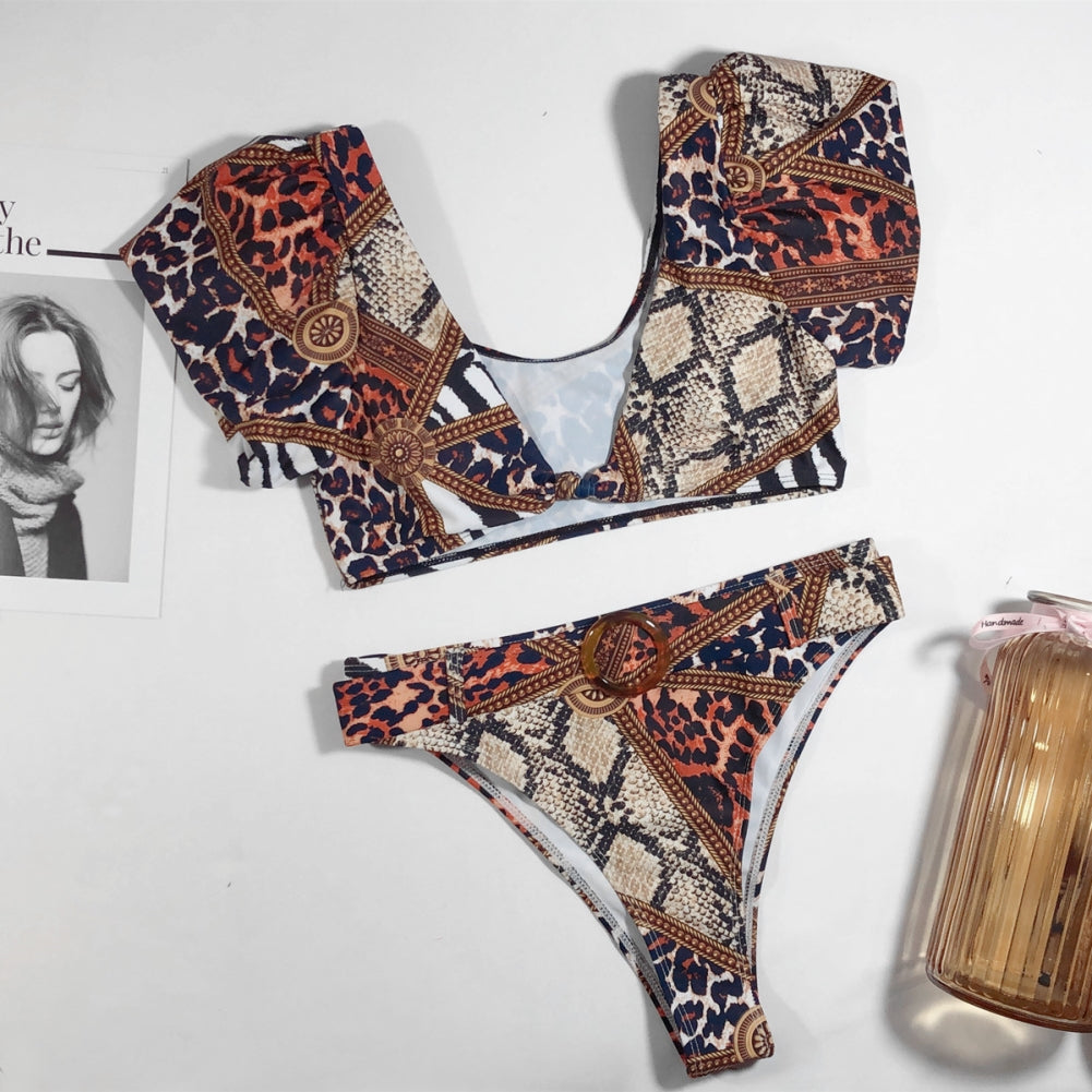 Two Piece Retro Print Short Sleeve Swimwear Areous