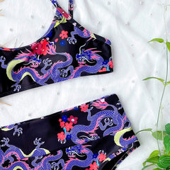 Two Piece Retro Print Straps High Waist Swimwear Areous