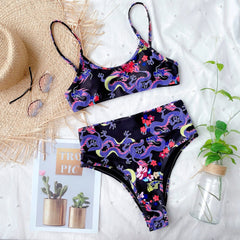 Two Piece Retro Print Straps High Waist Swimwear Areous