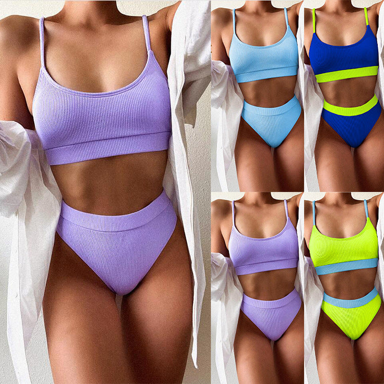 Two Piece Simple Solid Color High Waist Swimwear Areous