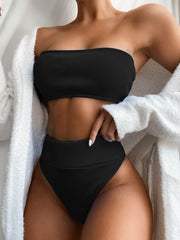 Two Piece Solid Color High Waist Bandeau Swimwear Areous