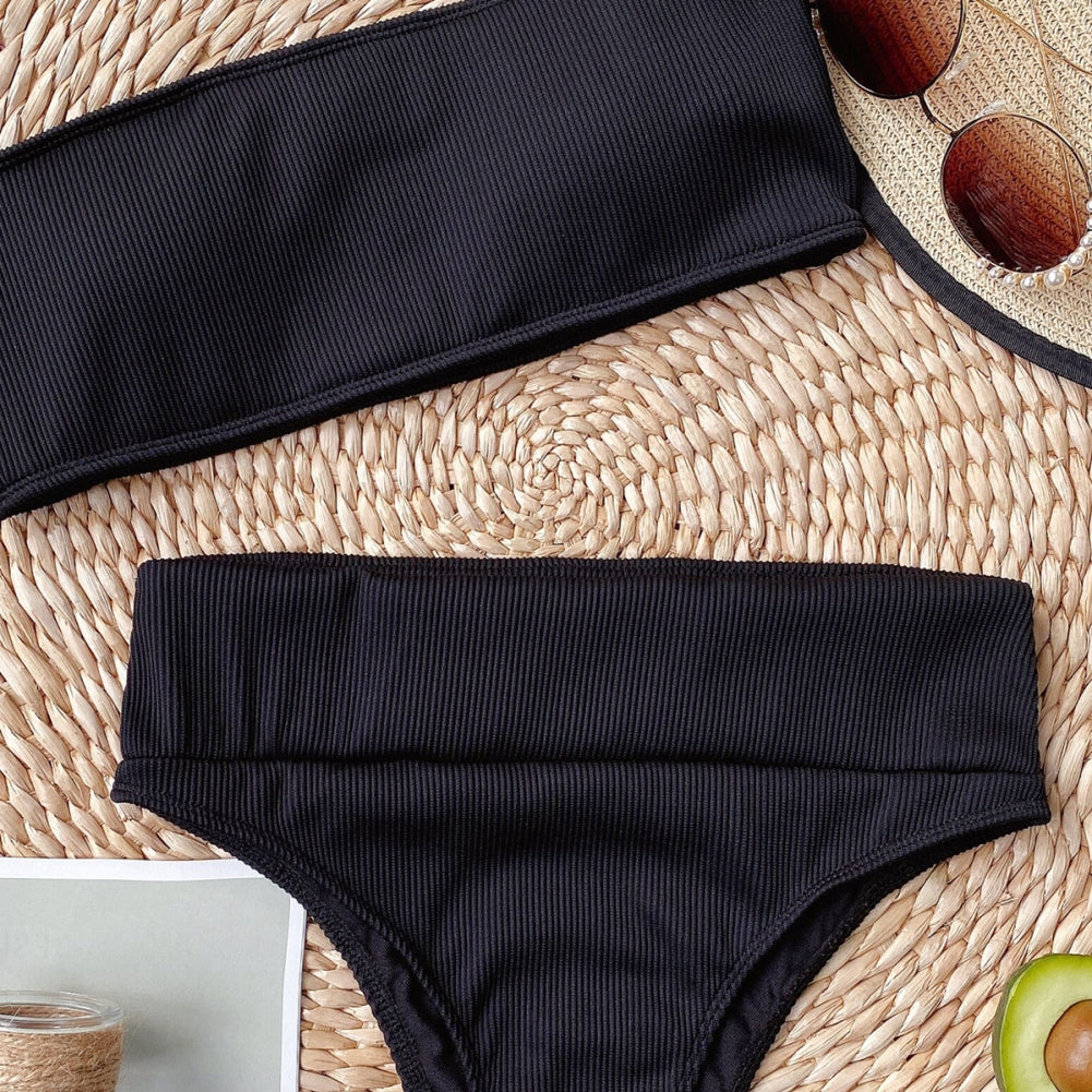 Two Piece Solid Color High Waist Bandeau Swimwear Areous