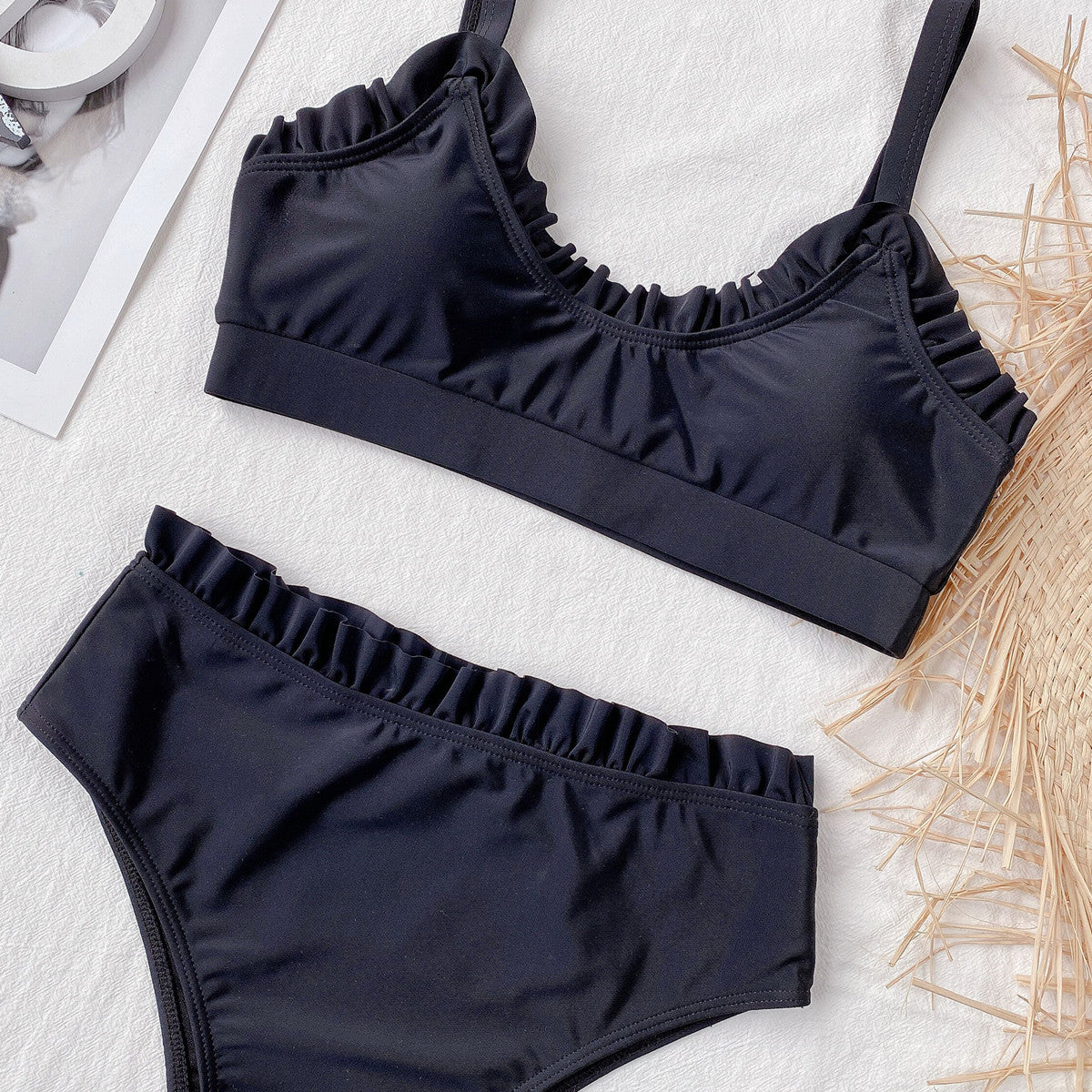 Two Piece Solid Color Ruffles High Waist Swimwear Areous
