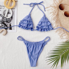 Two Piece Solid Color Ruffles Thong Swimwear Areous