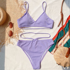 Two Piece Solid Straps High Waist Swimwear Areous