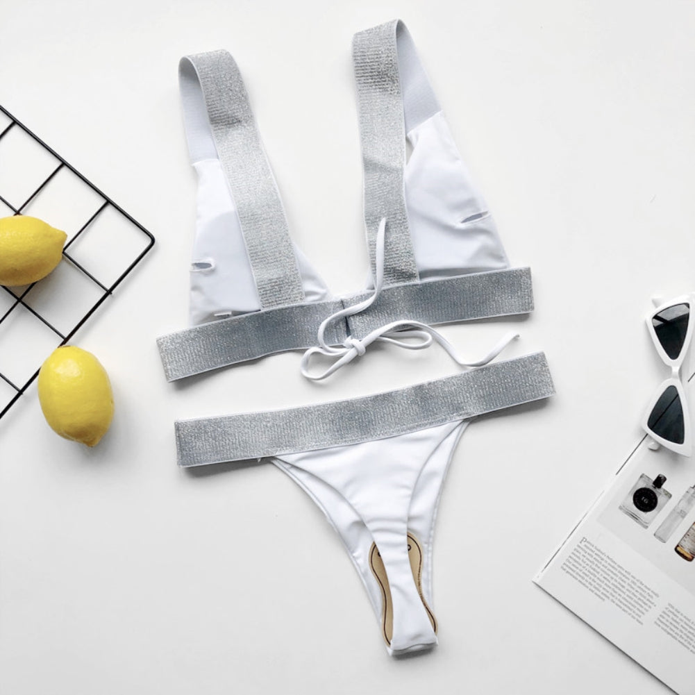 Two Piece Wide Straps Metallic Swimwear Areous