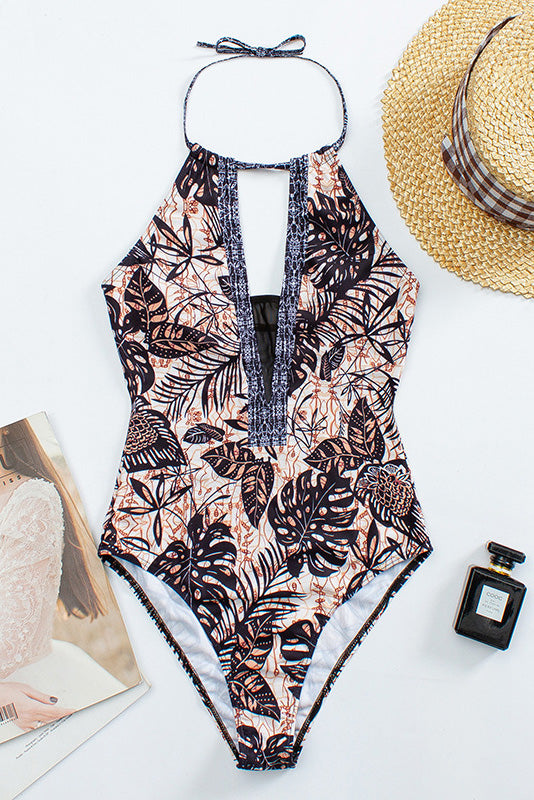 Vintage Leaf Mesh One Piece Swimsuit Areous