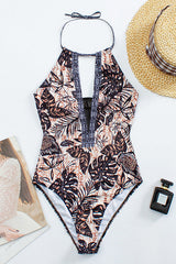 Vintage Leaf Mesh One Piece Swimsuit Areous