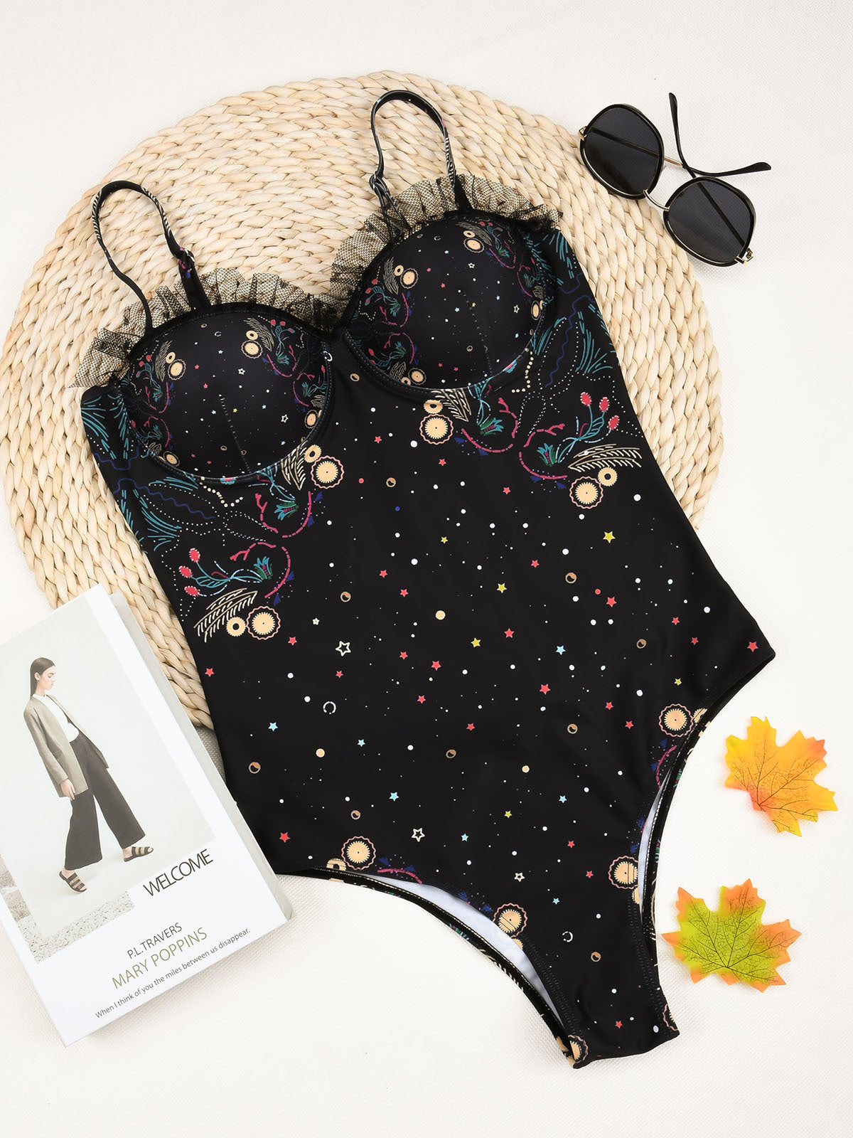 Vintage pattern Lace Trim One-Piece Swimsuit Areous