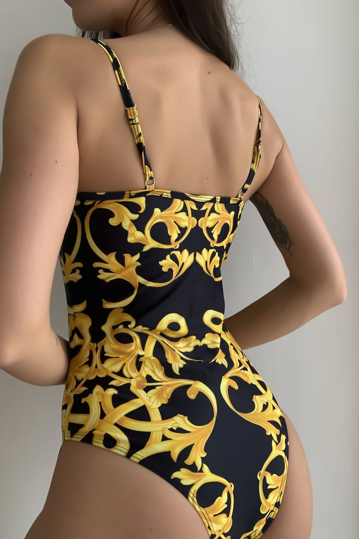 Vintage pattern Lace Trim One-Piece Swimsuit Areous