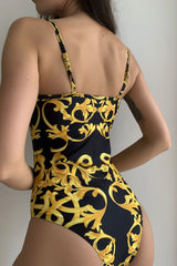 Vintage pattern Lace Trim One-Piece Swimsuit Areous