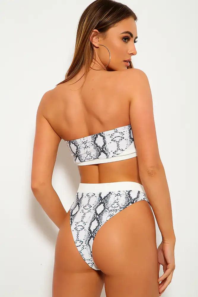 White Black Snake Print Bandeau Cheeky Two Piece Swimsuit Areous