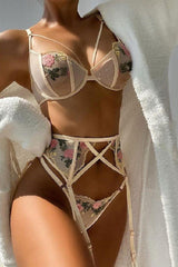 White Floral Embroidered Caged Three Piece Lingerie Areous