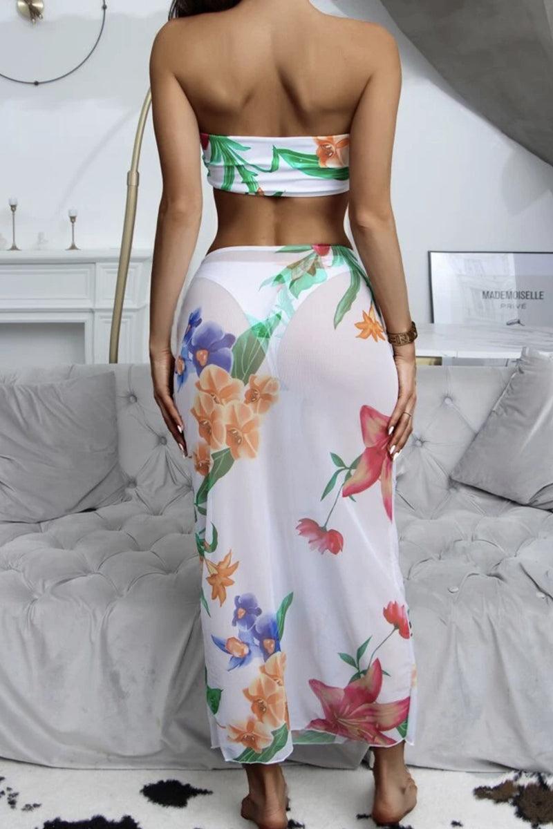White Floral Print Bandeau Three Piece Swimsuit Areous