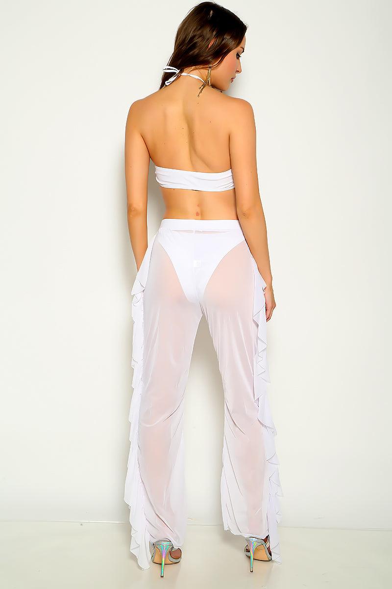 White Halter Cheeky Mesh Pants Three Piece Swimsuit Set Areous