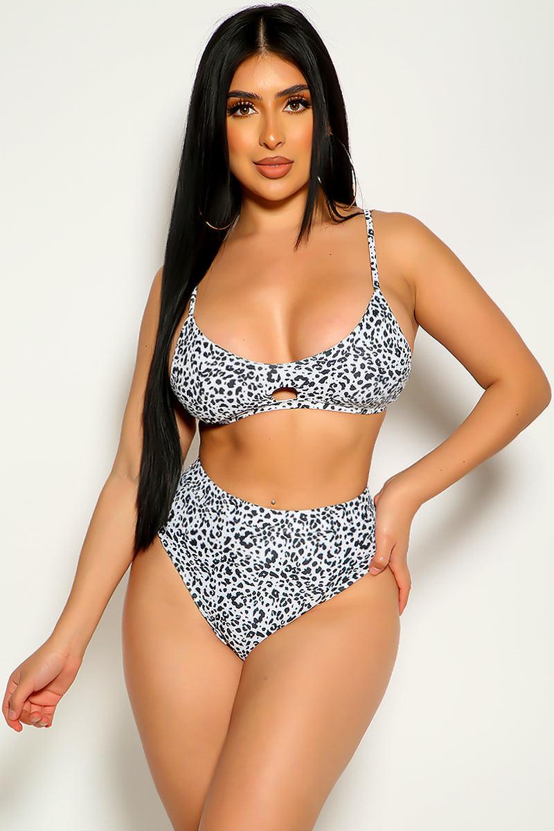 White Leopard Print High Waist Two Piece Swimsuit Areous