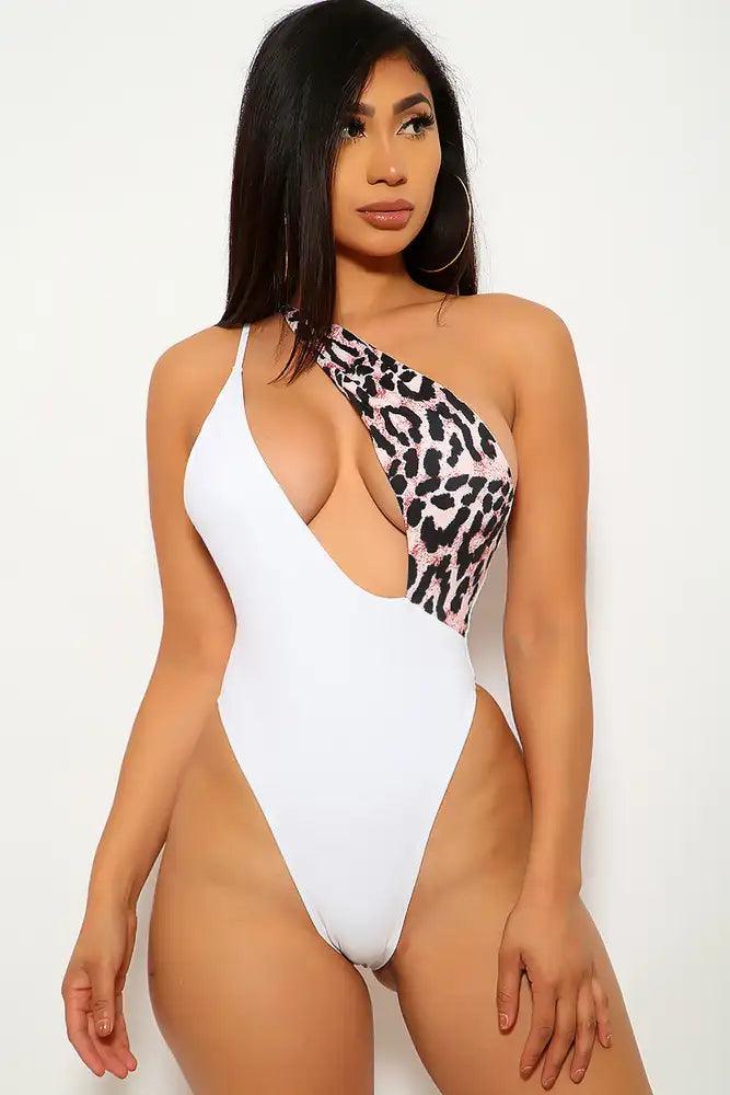 White Leopard Print One Piece Swimsuit Areous