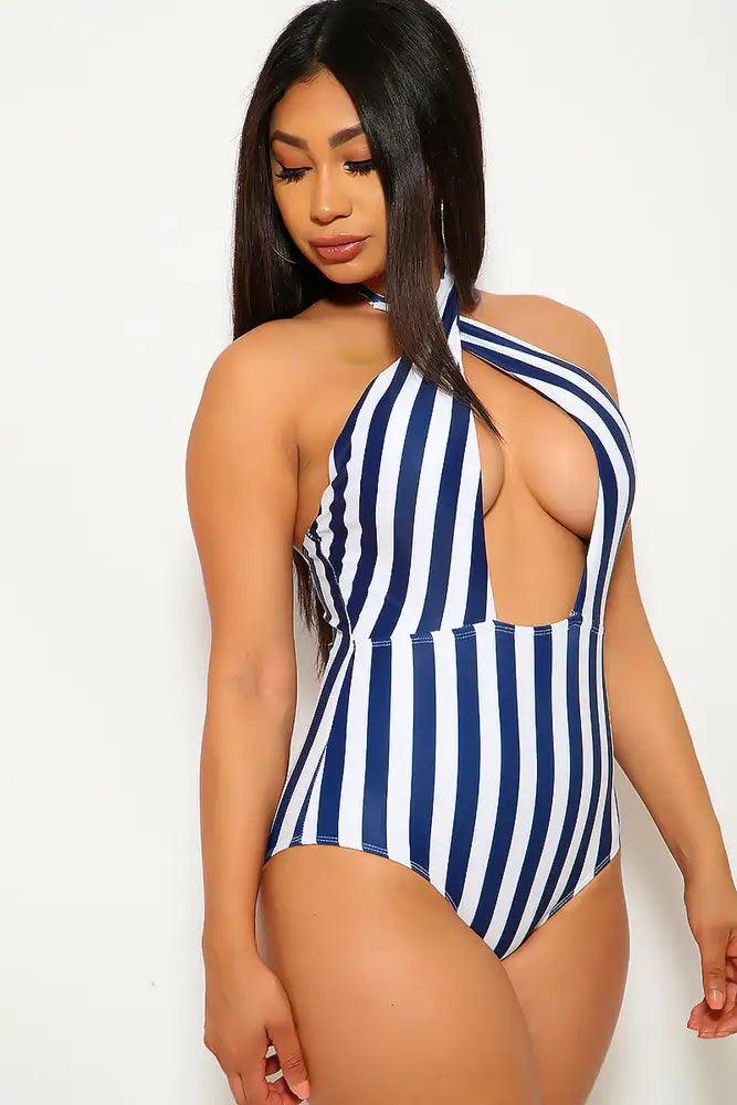 White Navy Striped Plunging Neckline One Piece Swimsuit Areous