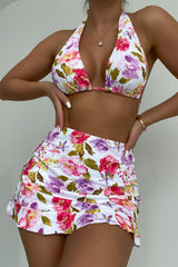 White Pink Floral Print Three Piece Swimsuit Areous