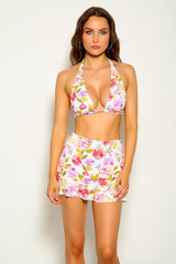 White Pink Floral Print Three Piece Swimsuit Areous