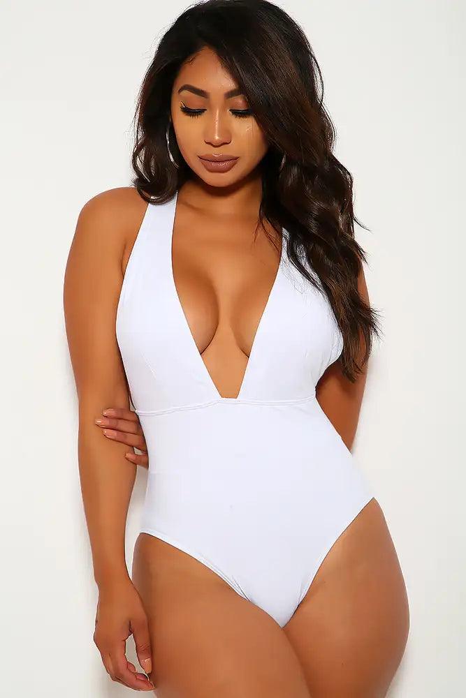 White Plunging Neckline One Piece Swimsuit Areous