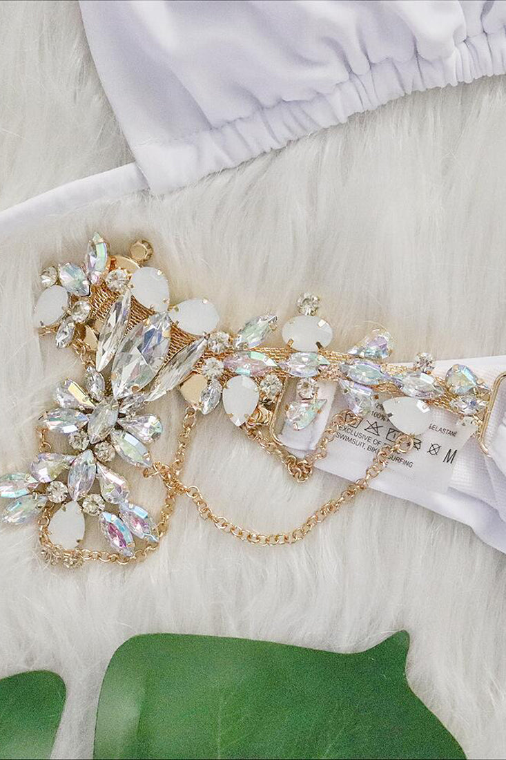 White Rhinestone Gems Halter Triangle 2 Pc Bikini Set Areous