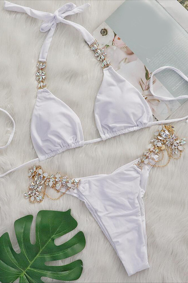 White Rhinestone Gems Halter Triangle 2 Pc Bikini Set Areous