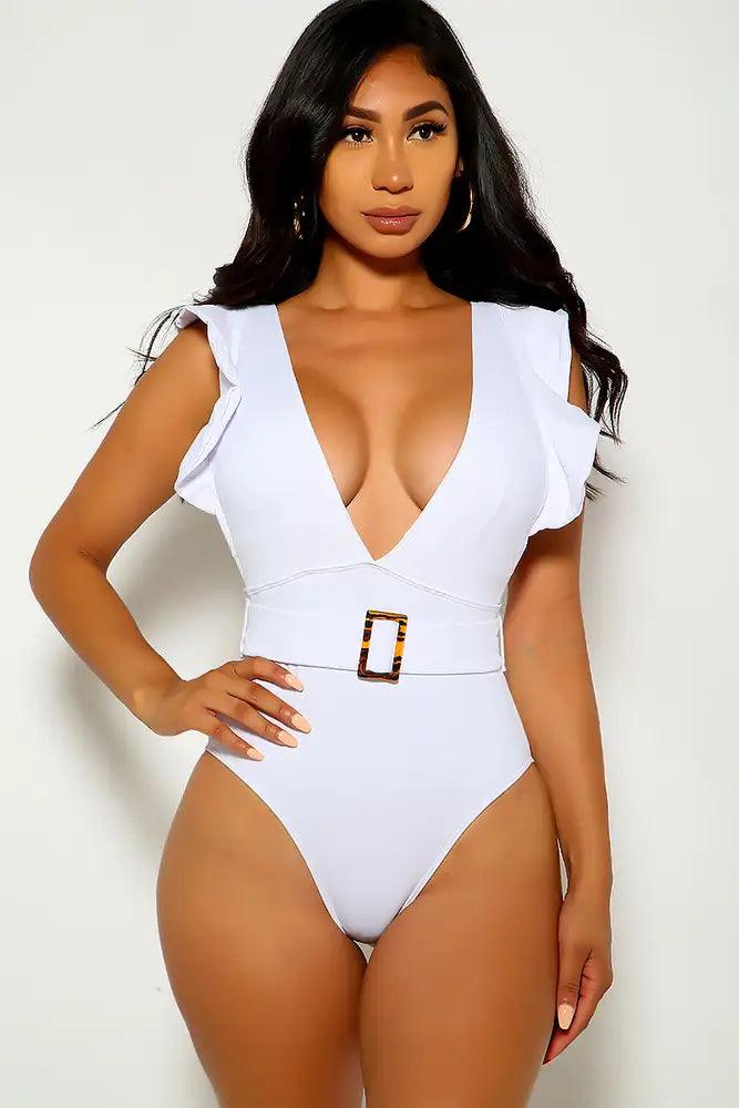 White Ruffled V-Cut One Piece Swimsuit Areous
