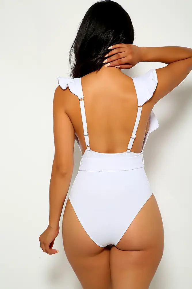 White Ruffled V-Cut One Piece Swimsuit Areous