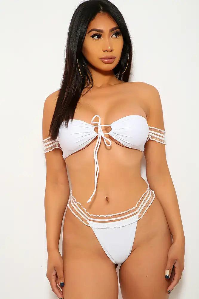White Short Sleeve Two Piece Swimsuit Areous
