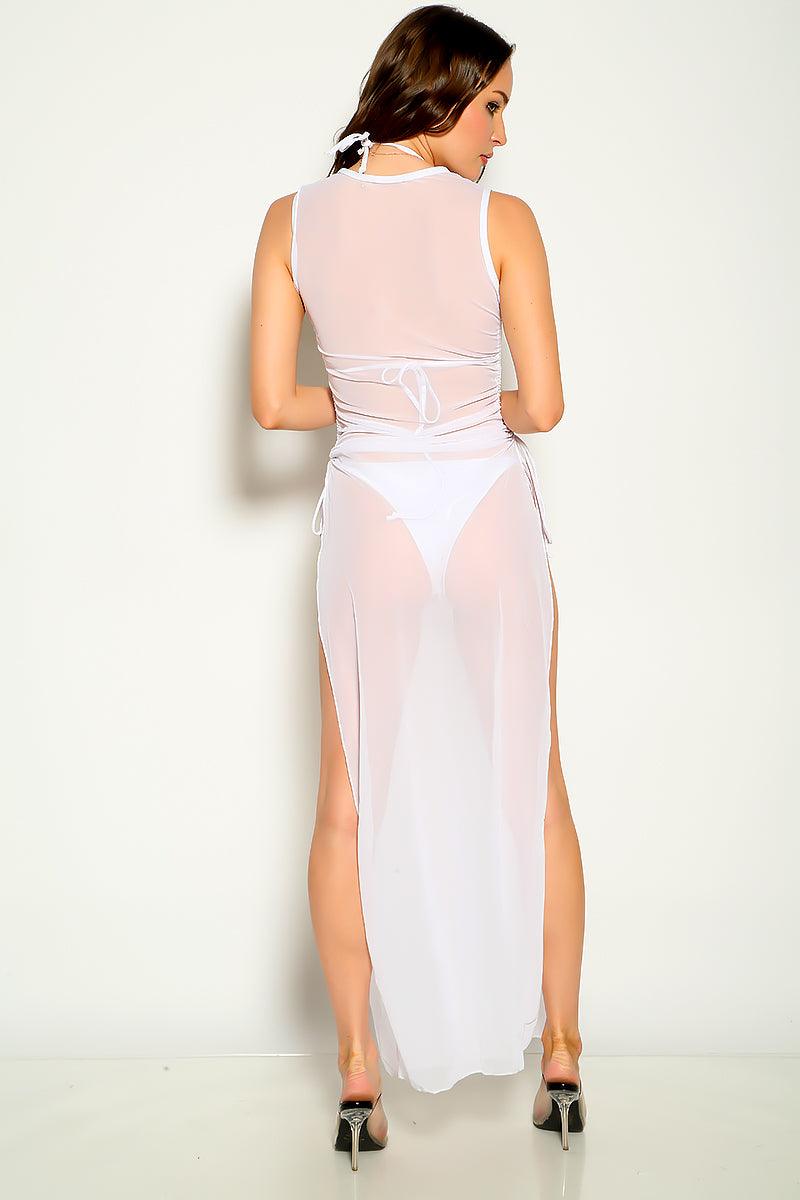 White Sleeveless Mesh Coverup Three Piece Swimsuit Areous