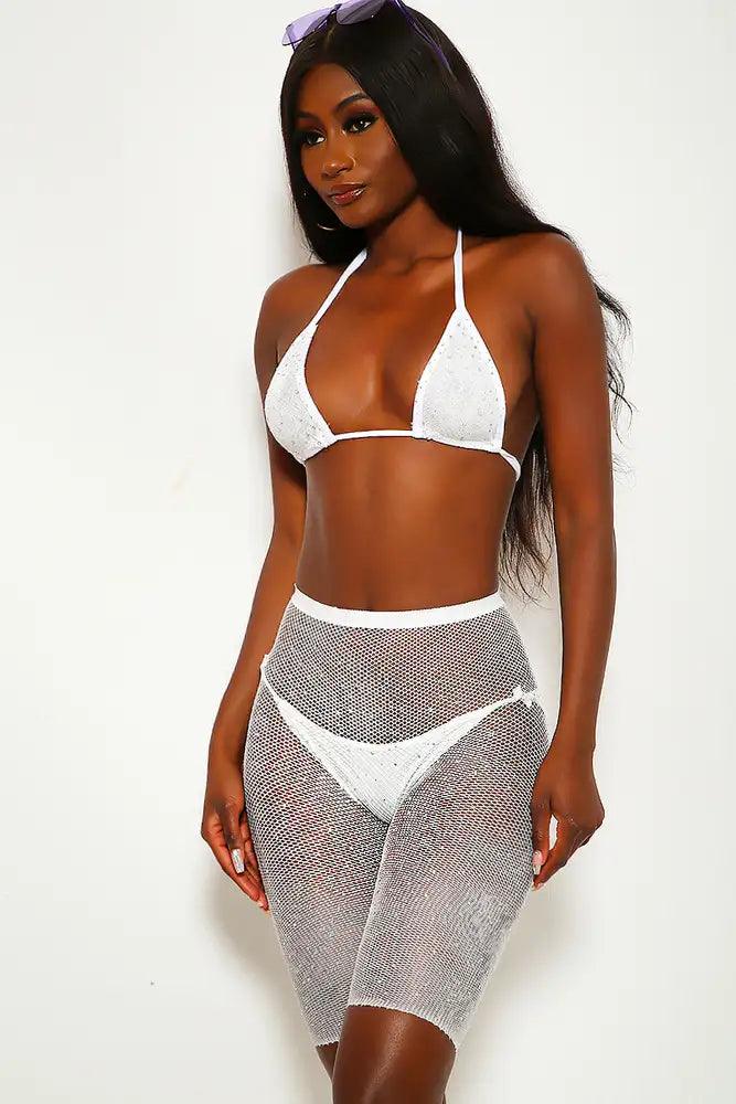 White Sparkle Rhinestone Two Piece Swimsuit Areous