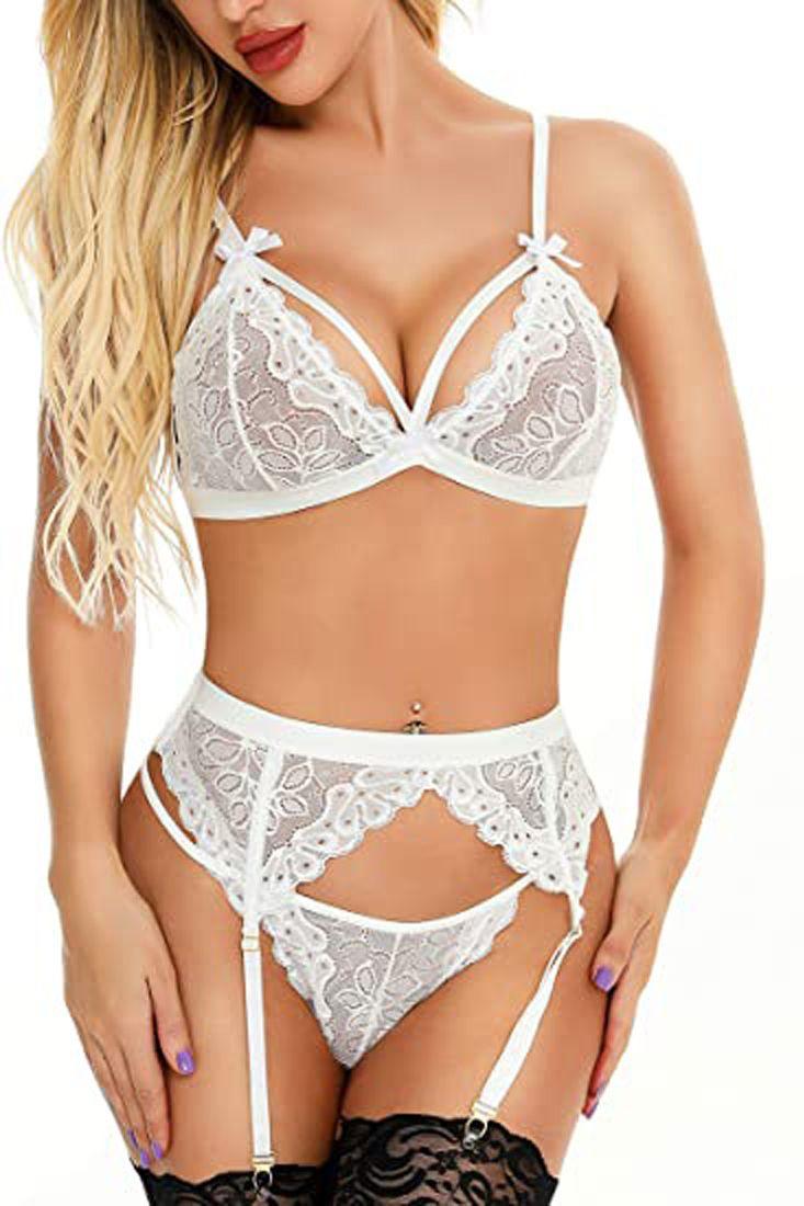 White Strappy Lace Bra Garter Pantie Lingerie Set Areous