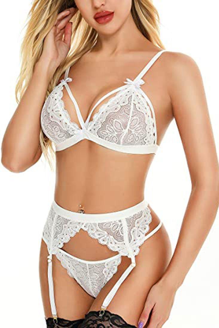 White Strappy Lace Bra Garter Pantie Lingerie Set Areous