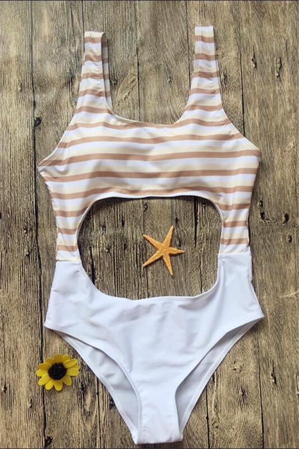 White Striped Open Back One-piece Swimsuit Areous