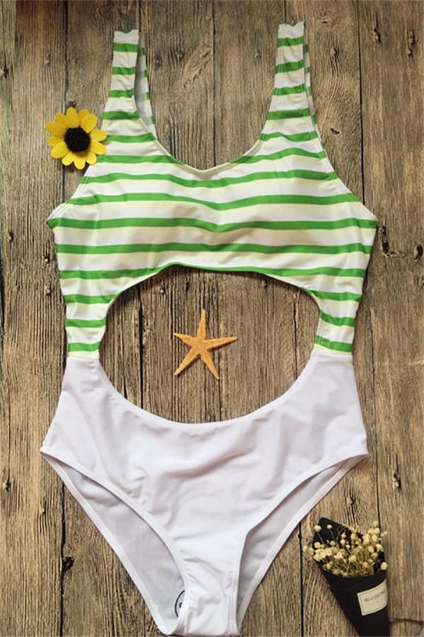 White Striped Open Back One-piece Swimsuit Areous